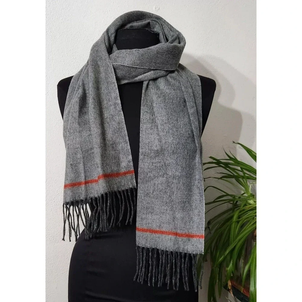 Men's Scarf Made in Germany SOFT Grey Charcoal Fringe Blood‎ Orange Stripe EUC